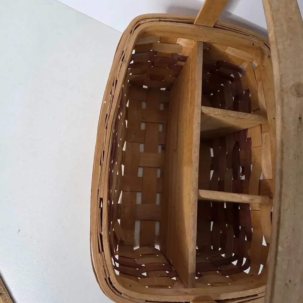 Vintage Wooden Condiment Caddy Basket Divided Sections Wide Handle